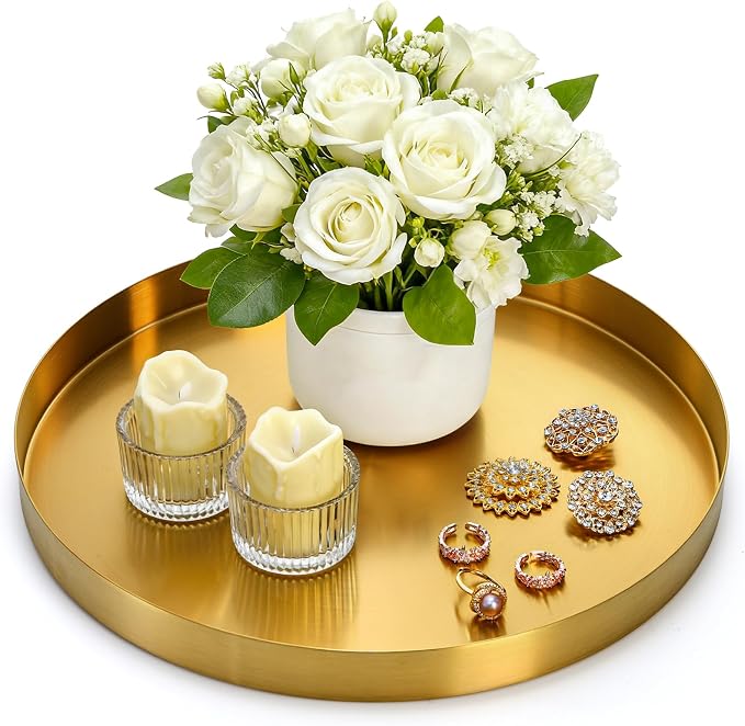 Jucoan 12 Inch Round Gold Tray, Decorative Dresser Vanity Tray Makeup Organizer by Jucoan