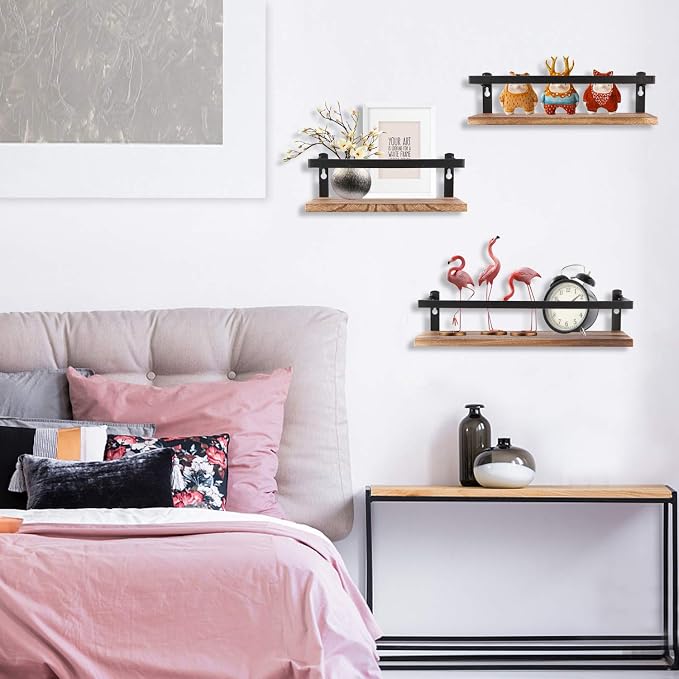 PHUNAYA Floating Shelves Rustic Wood Wall Mounted Shelf Practical Metal Fence - Image 6