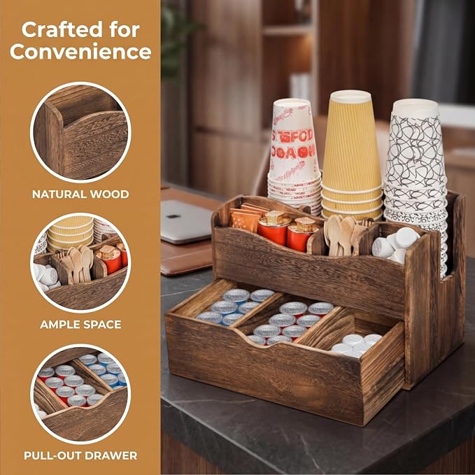 Coffee Station Organizer, Wood Countertop Coffee Bar Supplies Caddy - Image 4