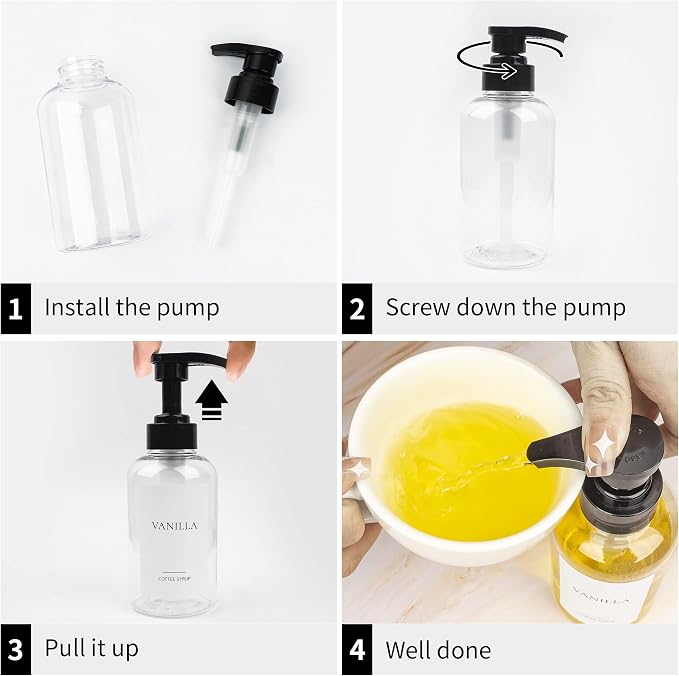 4 Pieces Coffee Syrup Dispenser Bottle 300ml PET Black Pump Bottles - Image 6