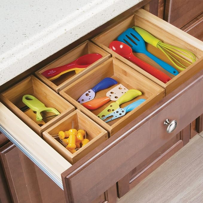 mDesign Bamboo Wood Kitchen Cabinet Drawer Organizer Tray Bins - Image 3