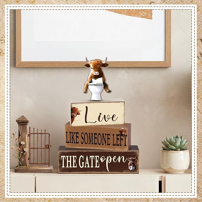 Geelin 4 Pcs Highland Cow Bathroom Decorations Bathroom Wooden Table - Image 2