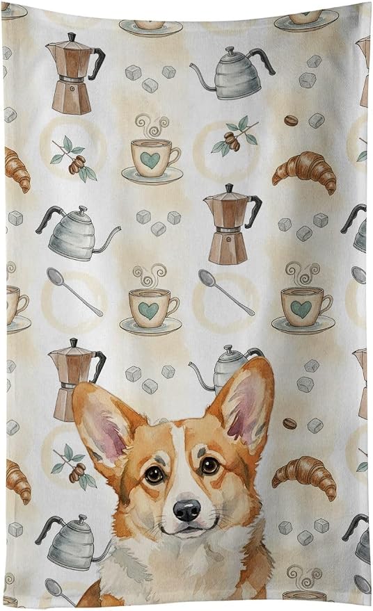 Caroline's Treasures Corgi Coffee Bar Kitchen Towel Velour Plush Front and by CarolinesTreasures