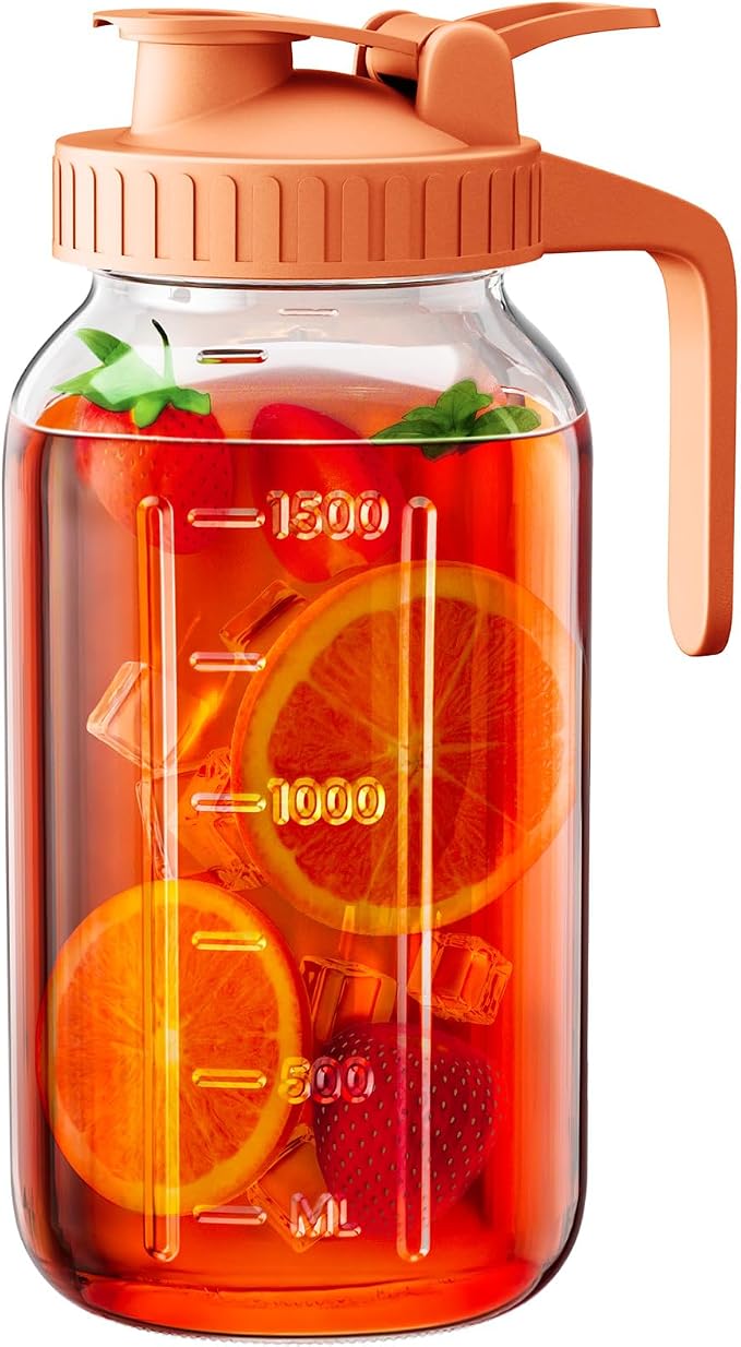 64 oz Glass Pitcher with Lid, Large Wide Mouth Mason Jar with Pour Spout by OneDream