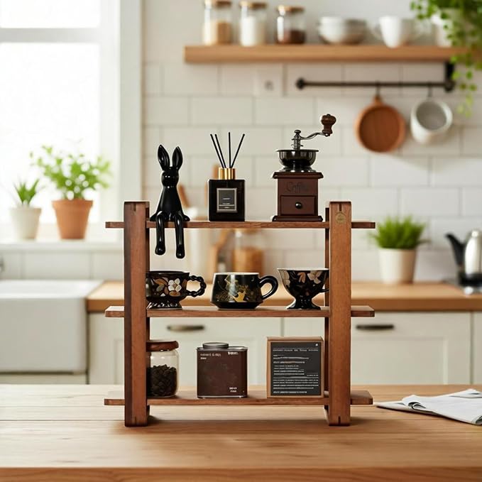 Coffee Station Organizer for Kitchen Countertop Mug Holder 3 Tier Wooden Cup - Image 7