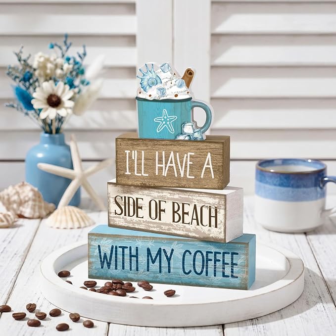 Lineshading 4 Pcs Summer Table Decorations Beach Coffee Bar Wooden Block Sign - Image 3