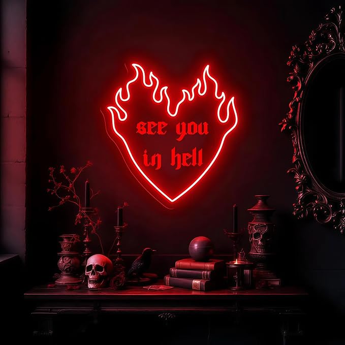 See You In Hell Neon Sign, 13.8" x 13" Red Flame Heart LED Light - Image 2