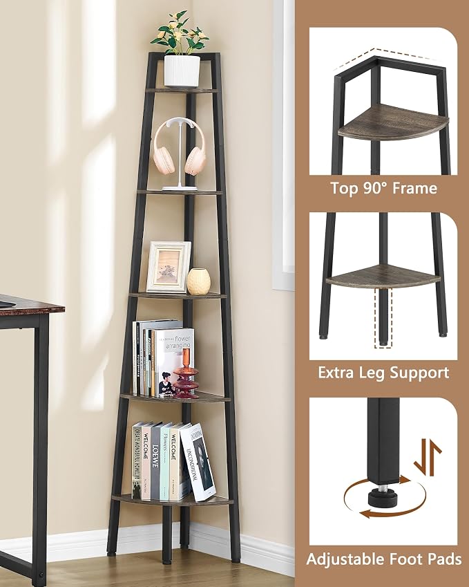 Hoctieon Corner Shelf, 5-Tier Corner Bookshelf, Rustic Ladder Shelf, Industrial - Image 4