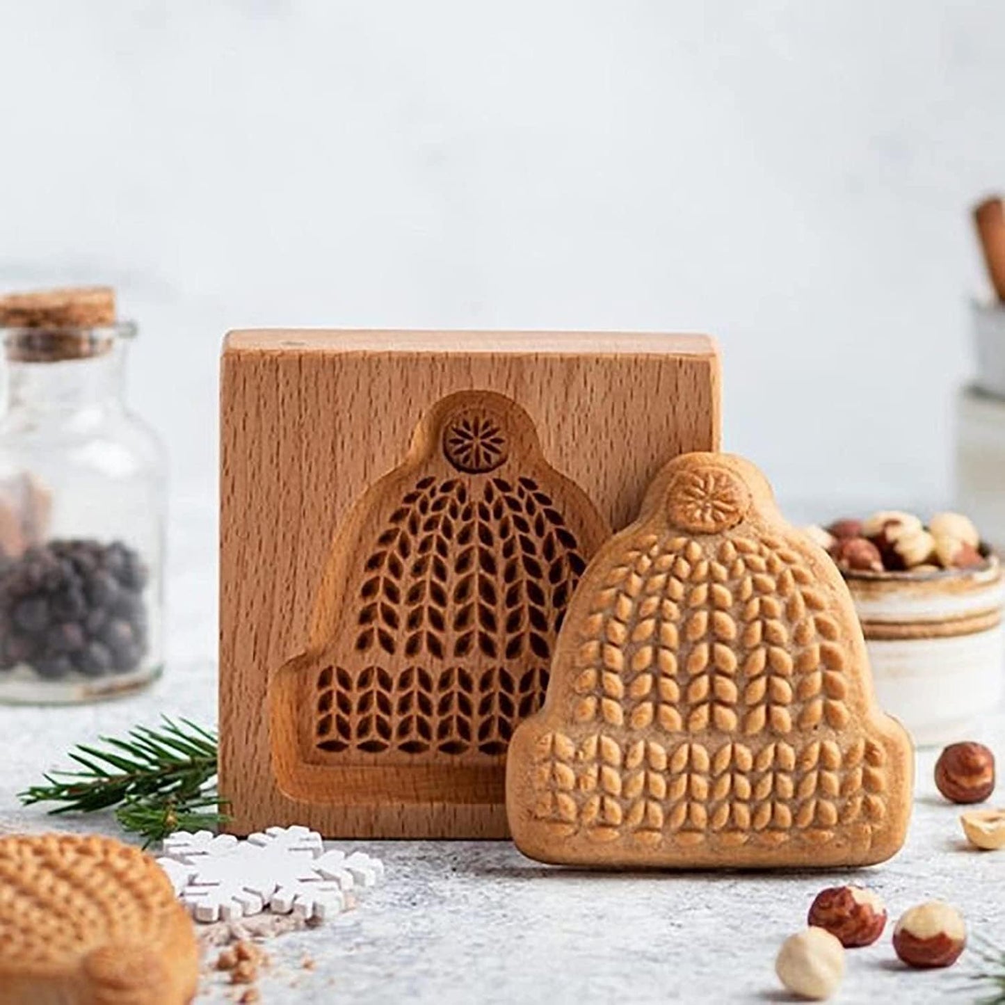 MOTEERLLU Wooden Cookie Molds Baking, Wood Cookie Stamp Cutter Carved Biscuit Embossing Gingerbread Mold