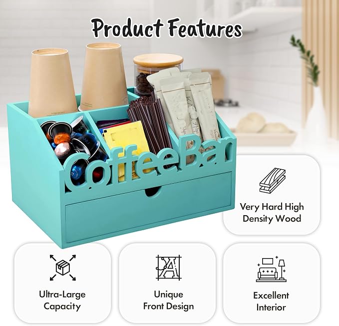 Coffee Bar Organizer Countertop, Wood Coffee Station, Turquoise | K-Cups - Image 3