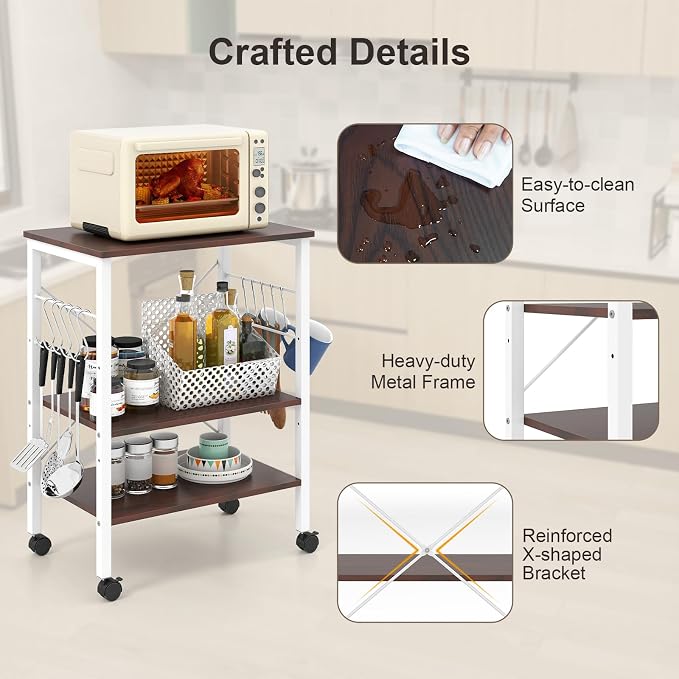Giantex Kitchen Bakers Rack 3-Tier Microwave Cart on Wheels, Industrial Utility - Image 7