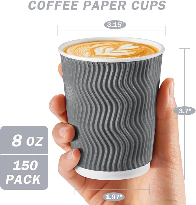Clawsoff Coffee Cups 8 oz 150 Pack, Corrugated Insulated Ripple Wall Disposable - Image 2
