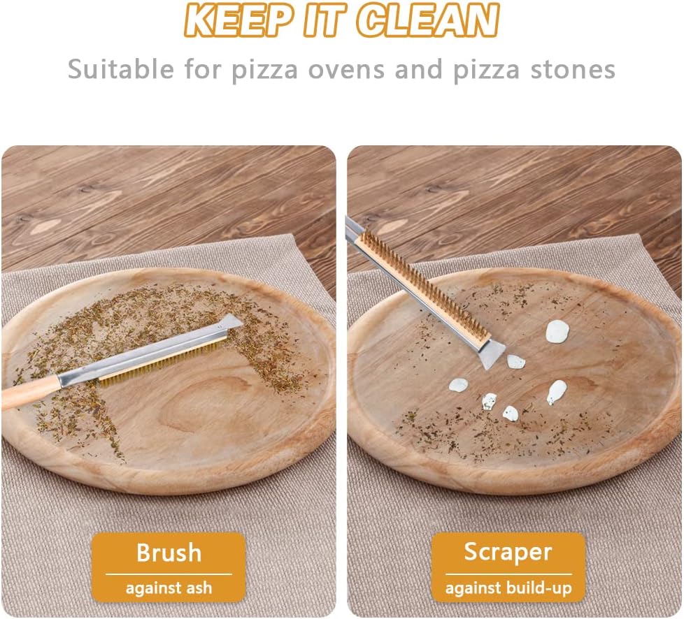 Pizza Oven Brush, 26" Brush and Stainless Steel Scraper for Pizza Stone, BBQ Grill Cleaning Brush Non Scratch Heat Proof Brass Bristles with Screwdriver, Outdoor Pizza Oven and Accessories
