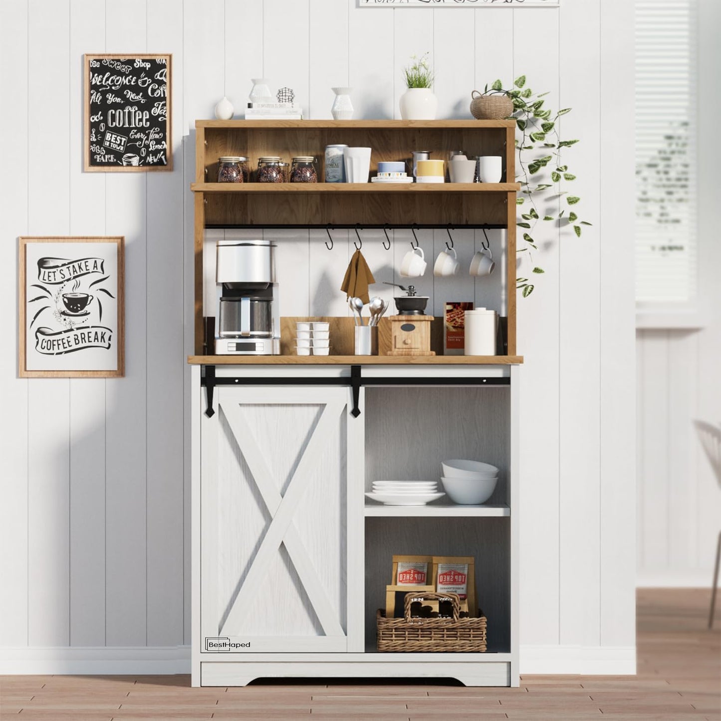 Farmhouse Coffee Station with 3 Tier Storage Hutch & 6 Hooks - 56 Inch Small Coffee Bar Table with Adjustable Shelves for Living/Dining Room