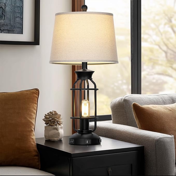 28" Vintage Table Lamps with USB C+A Ports & AC Outlet, Industrial Farmhouse - Image 6
