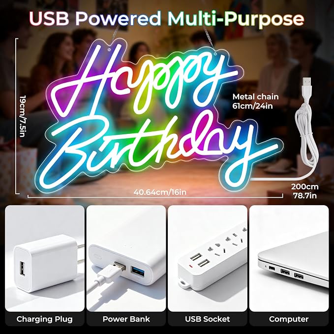 Happy Birthday Sign for Wall Decor, RGB Led Happy Birthday Neon Sign For Party - Image 5