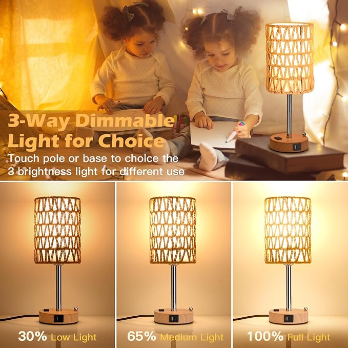 Rattan Table Lamps for Living Room, 3 Way Dimmable Touch Lamps, Small Bedside - Image 3