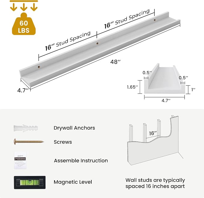Acovy Solid Ash Wood Picture Ledge Shelf, Wood Floating Shelves Set of 2 - Image 3