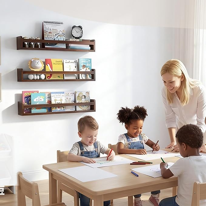 Floating Wall Nursery Book Shelves, 23.6 Inch, Walnut Color, Wall Mounted - Image 7