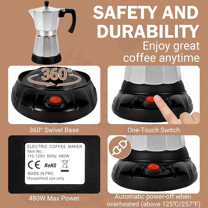 Silver Aluminum Electric Moka Pot, 3 or 6 Cups Espresso Maker - Image 3