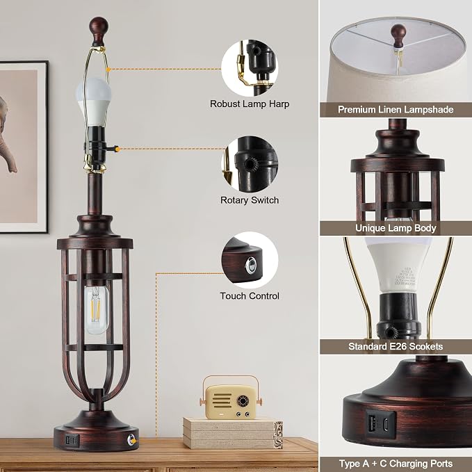 28" Table Lamps for Living Room Set of 2, Farmhouse Bedroom Lamps for Nightstand - Image 5