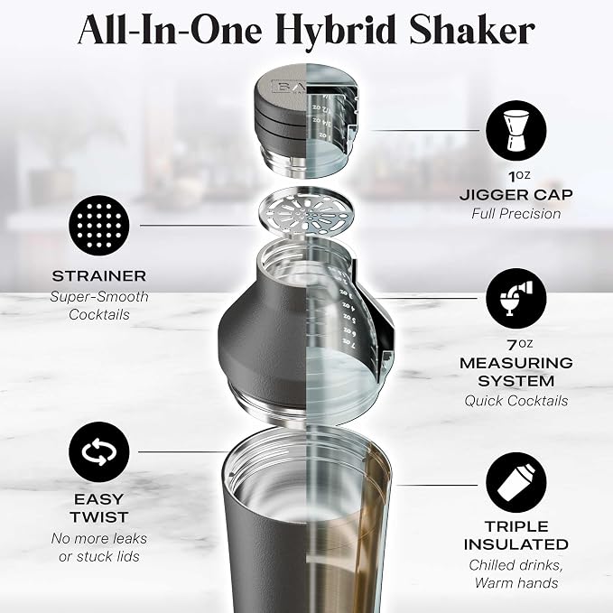 BARE BARREL Insulated Cocktail Shaker Set | Double Wall Stainless Steel | - Image 4