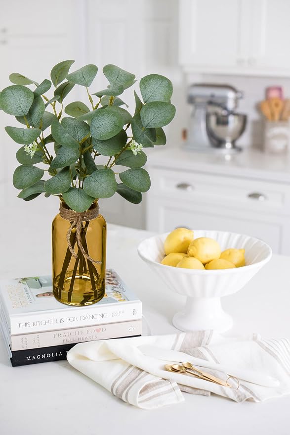 Briful Artificial Eucalyptus Stems in Amber Glass Vase - Image 5