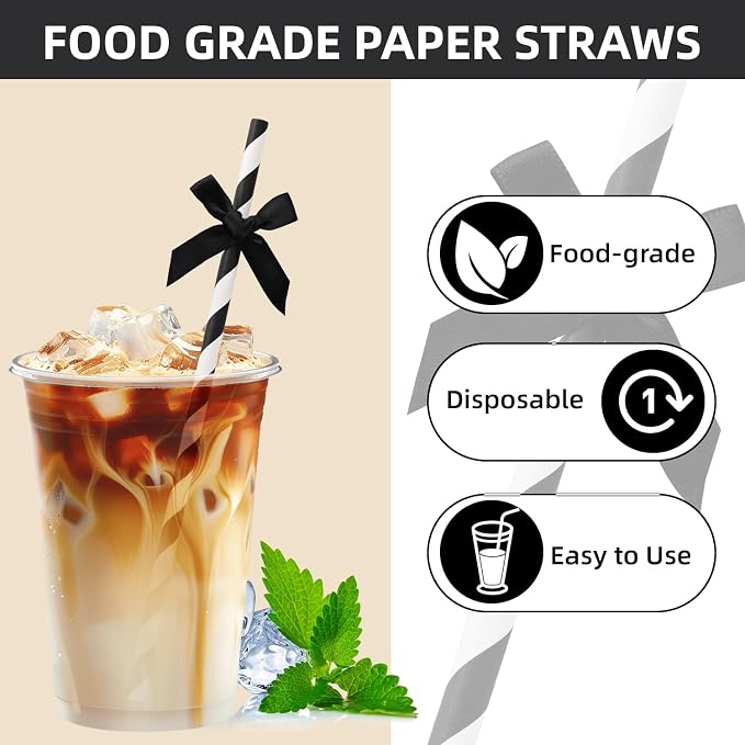 50pcs Black Bow Straw, 7.7inch Biodegradable Cute Paper Cake Pops Treat Sticks - Image 4