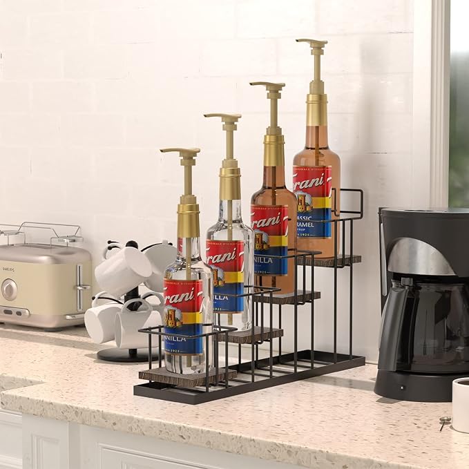 Coffee Syrup Organizer Rack, Rustic Wood and Metal Wire, 4-Tier Display Holder - Image 2