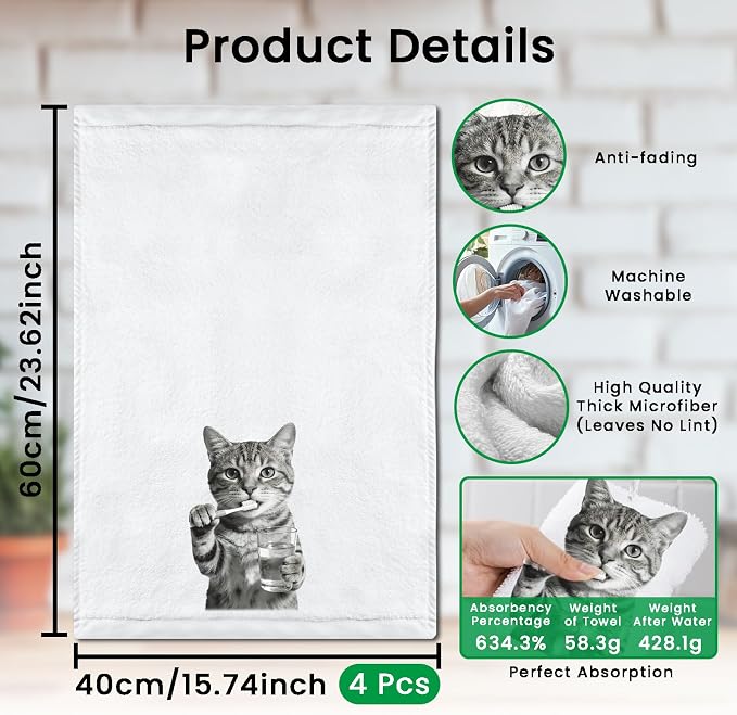CUTHOLLOW Bath Funny Cat Decorative Kitchen Towels Set of 4, 15.74"x23.62" Soft - Image 2