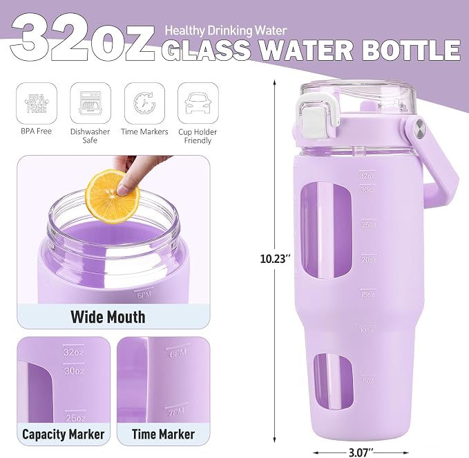 BLUEGO 32oz Glass Tumbler with Lid and Handle, Iced Coffee Cup with Straws - Image 4
