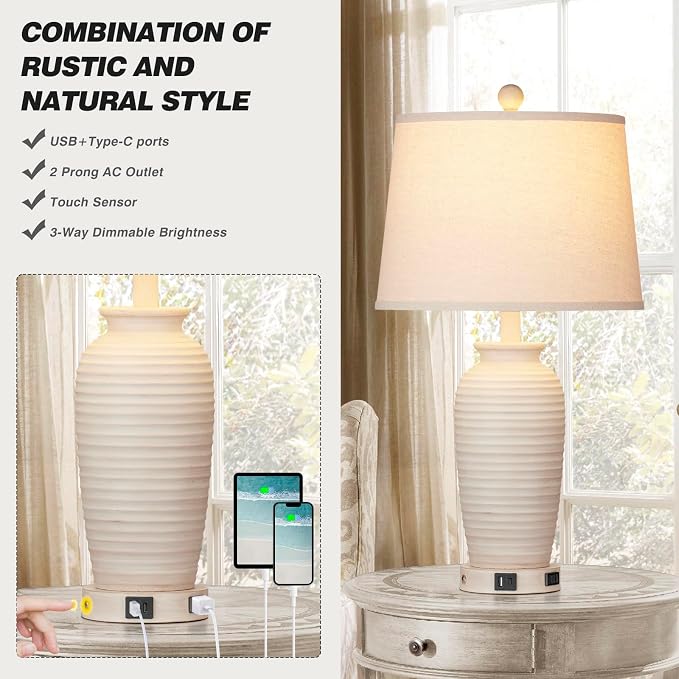 CINSARY 24.3" Farmhouse Jar Table Lamps Set of 2, 3 Way Touch Control Rustic - Image 4