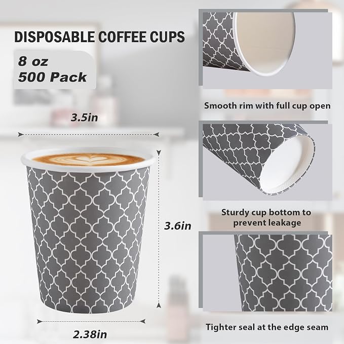 Lamosi Paper Cups 8 oz 500 Pack, Disposable Paper Coffee Cups, Hot Cup - Image 2