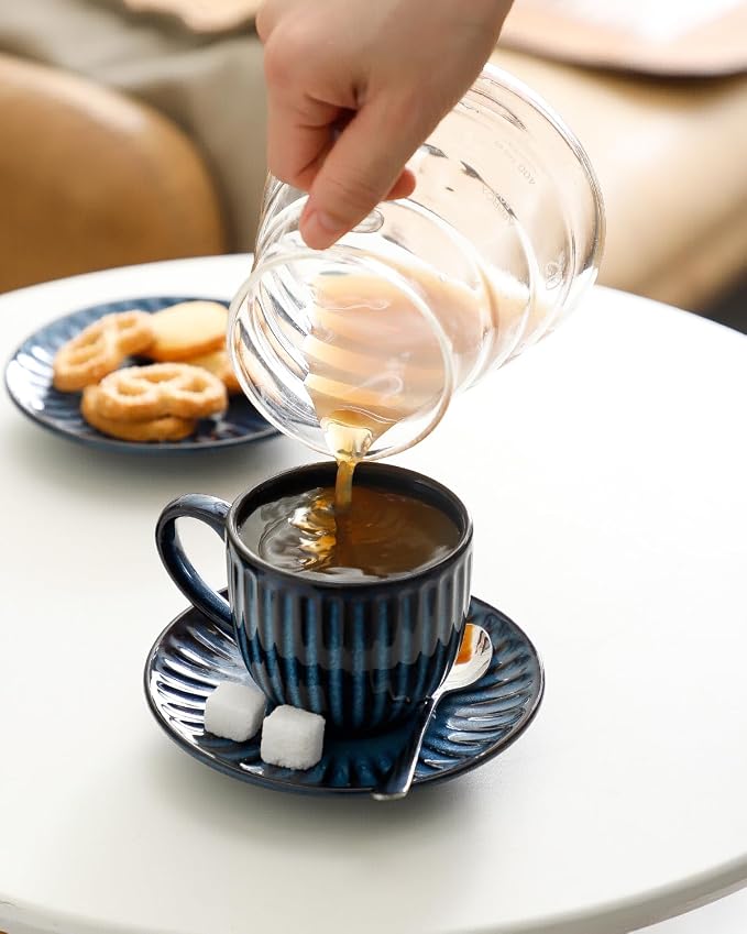 Hasense Ceramic Cappuccino Cups and Saucers Set of 4, Ribbed 6 Oz Demitasse Tea - Image 6