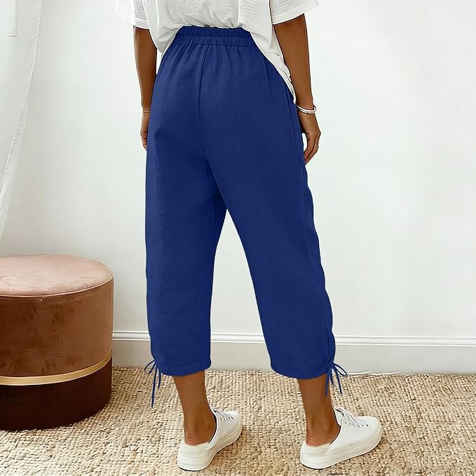 Linen Capri Pants for Women Drawstring Elastic Wide Leg Trouser 2026 Summer - Image 3