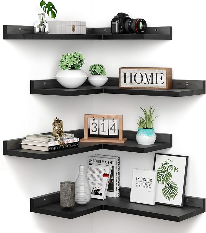 4 Tier Floating Corner Shelves Black Set of 4, Rustic Pine Wooden Floating by Eostbe