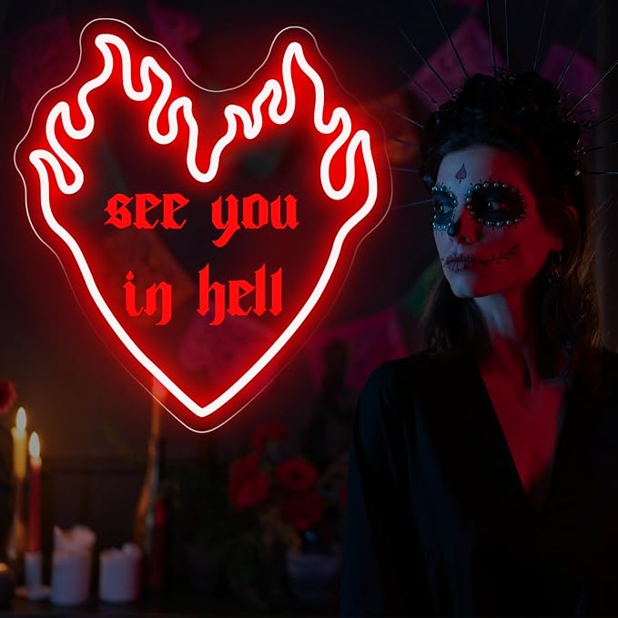 See You In Hell Neon Sign, 13.8" x 13" Red Flame Heart LED Light - Image 9