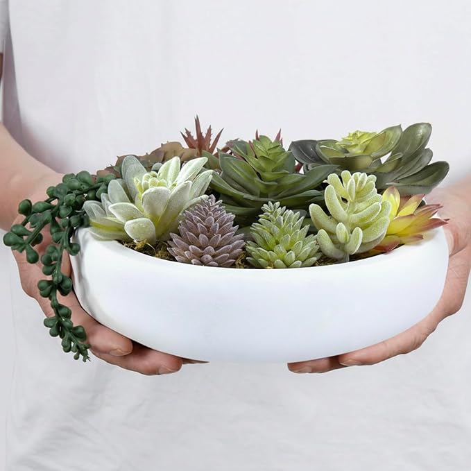 MyGift 8 Inch Round Modern Artificial Succulent Arrangement Potted in White - Image 6