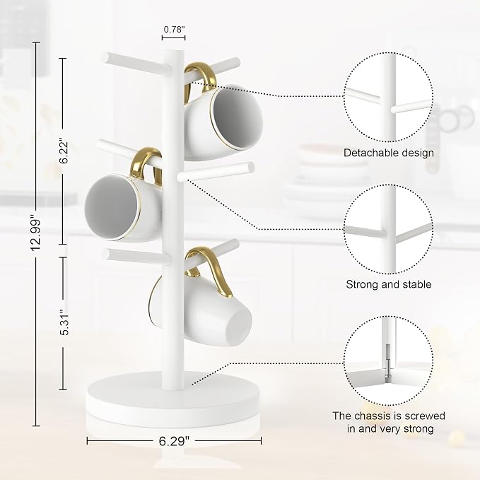 Wisuce White Coffee Mug Tree, Updated Thick Bamboo Mug Holder Base, Coffee Cup - Image 4