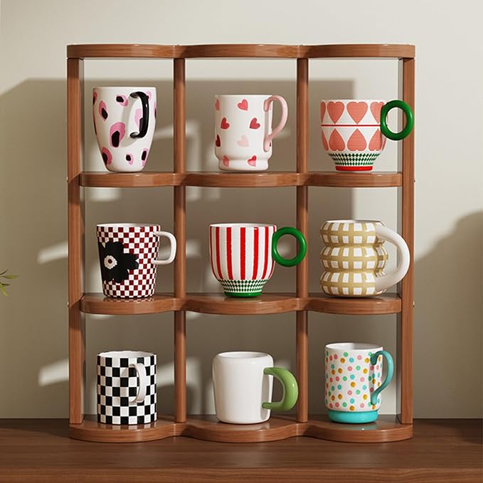 Wooden Coffee Mug Display Rack, Freestanding Grid Vintage Coffee Cup Display - Image 8