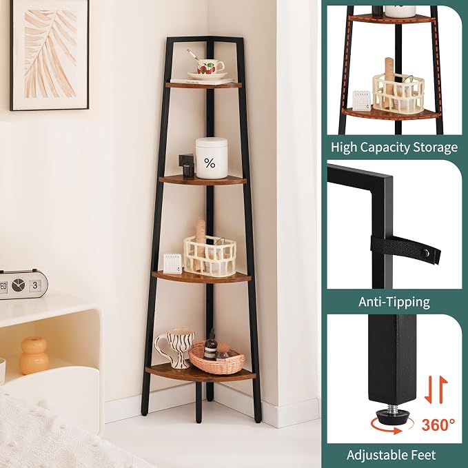 Yoobure 4‑Tier Corner Shelf – Sturdy Metal Frame & Wood Ladder Bookshelf - Image 5