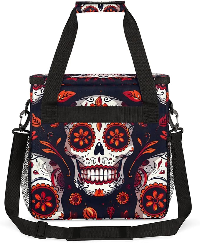 Sugar Skull Mexican Floral Skeleton Coffee Maker Carring Bag, Large Insulated - Image 5