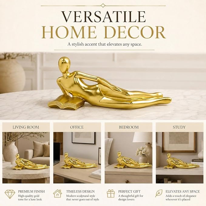Gold Reading Statue Style D, Abstract Reader Figurine, Resin Book Decor - Image 6