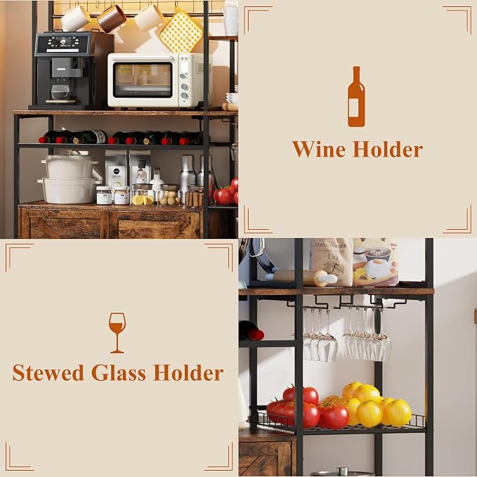 67 in Tall Bakers Rack with Power Outlet & LED Light, Coffee Bar Cabinet with 2 - Image 6