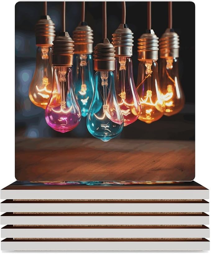 A String of Colored Light Bulbs Ceramic Coasters, Square Drink Coaster Set of 6 by Unknown