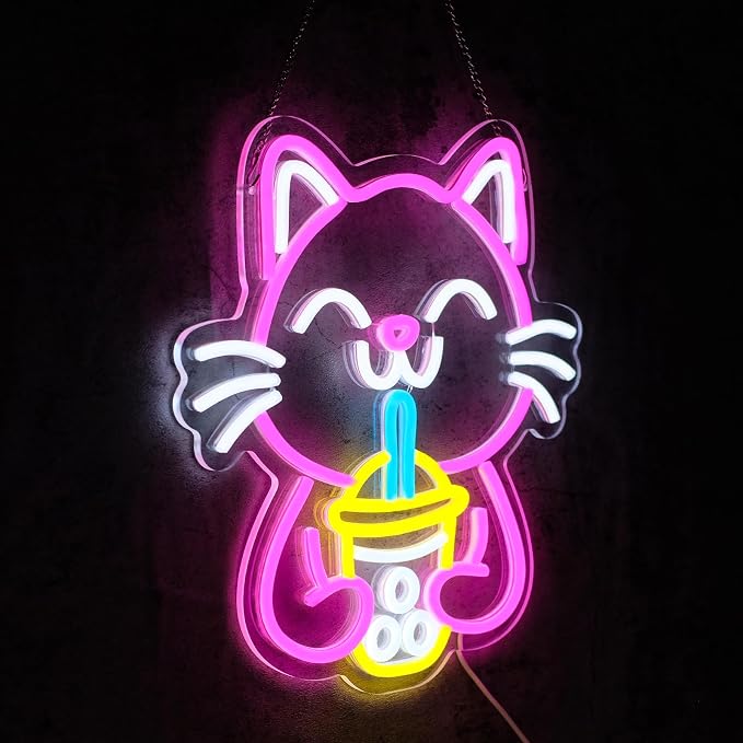 Cat Boba Tea Neon Sign for Wall Decor Dimmable Cute Cat Led Light Signs Bubble - Image 2