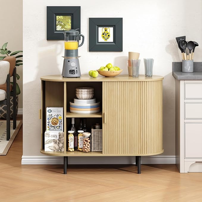 Buffet Cabinet with Storage, Fluted Sideboard Buffet with Sliding Door - Image 4