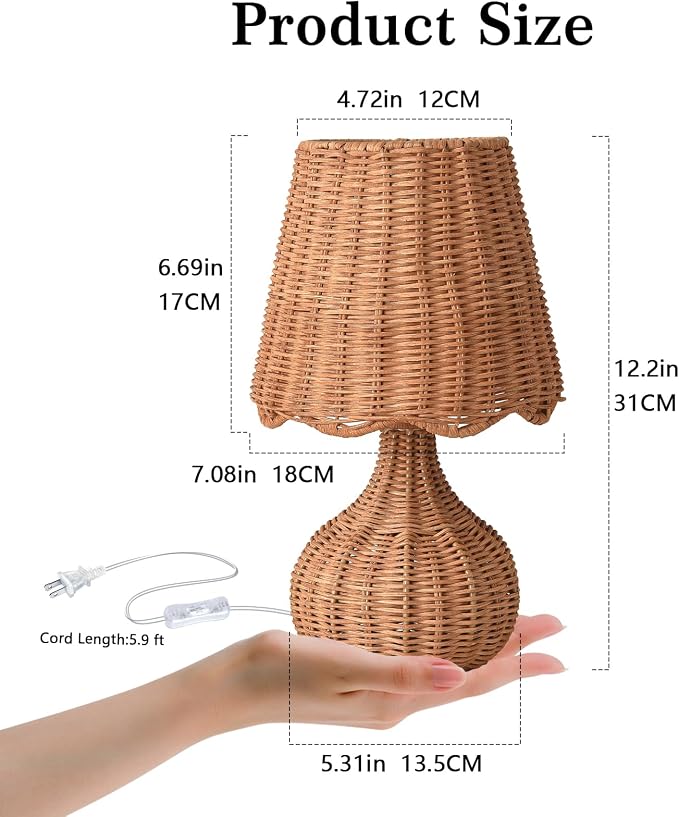 Ziqqeelam Rattan Table Lamp for Bedroom, Boho Small Table Lamps for Bedside - Image 2