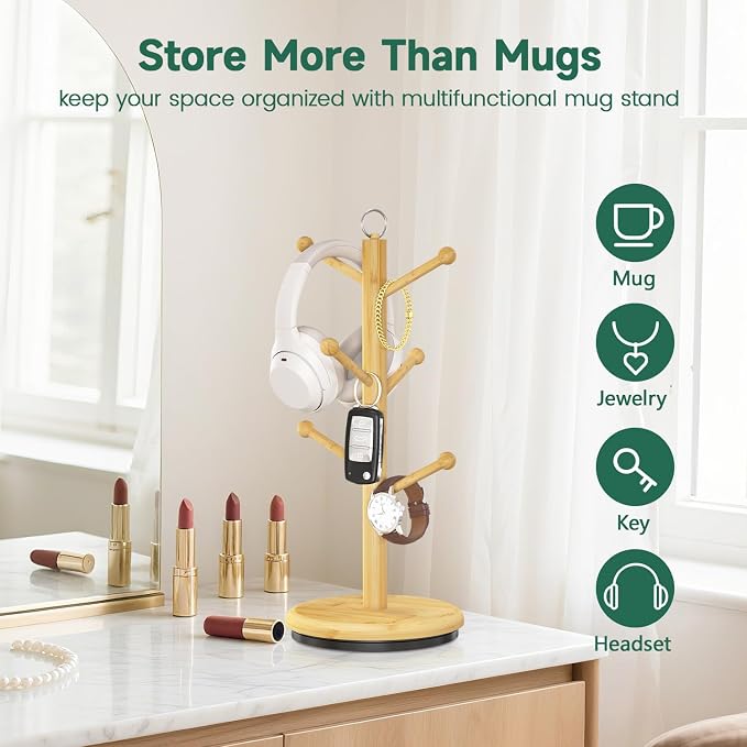 EsLuker.ly Mug Holder Tree Bamboo 360° Rotating Coffee Cup Display Rack - Image 6