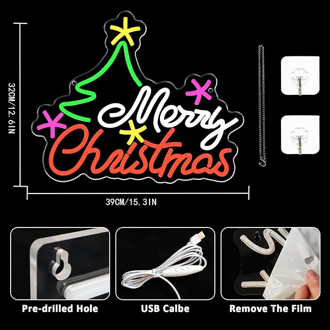 Merry Christmas Neon Sign for Wall Decor, Christmas Tree Neon Light USB - Image 2